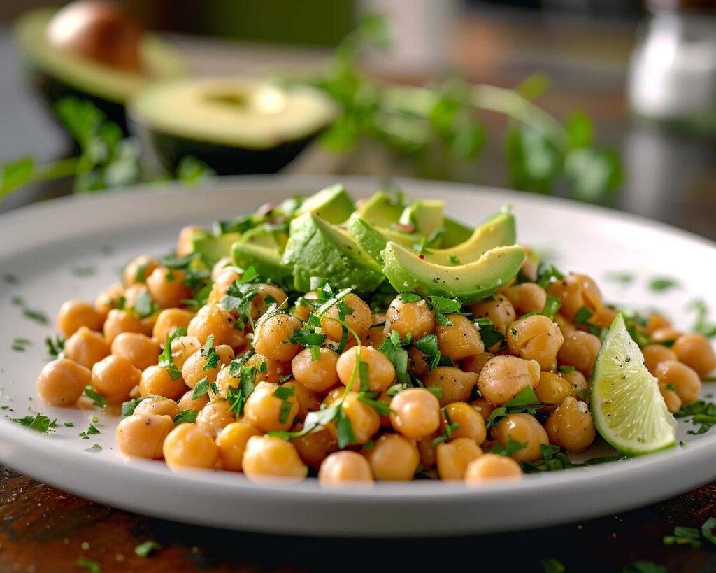 High Protein Rezept zum Abnehmen KICHERERBSENSALAT MIT AVOCADO UND LIMETTENDRESSING auf einem Teller serviert.