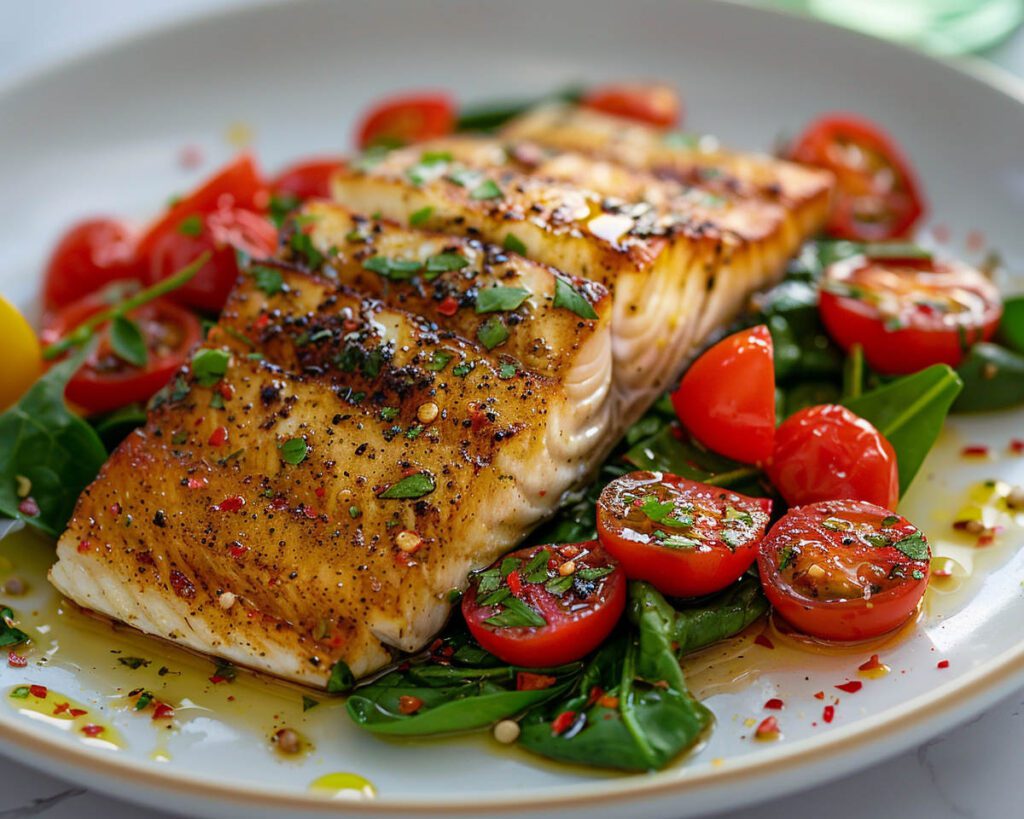 High Protein Rezept zum Abnehmen MAKRELENFILET AUF SPINAT UND TOMATENSALAT auf einem Teller serviert.