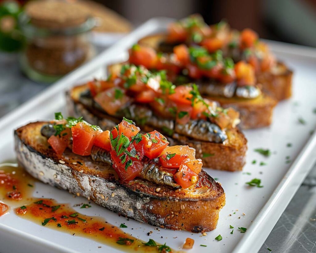 High Protein Rezept zum Abnehmen GEBRATENE SARDINEN AUF VOLLKORNTOAST MIT TOMATENSAUCE auf einem Teller serviert.