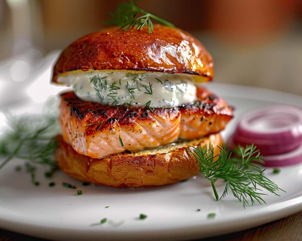 High Protein Rezept zum Abnehmen LACHS-BURGER MIT DILL-JOGHURT-SAUCE auf einem Teller serviert.