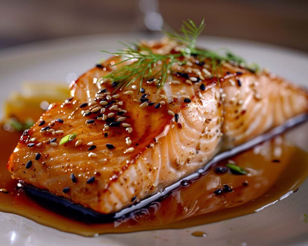 Lachs mit Sesam und Honigglasur auf dem teller