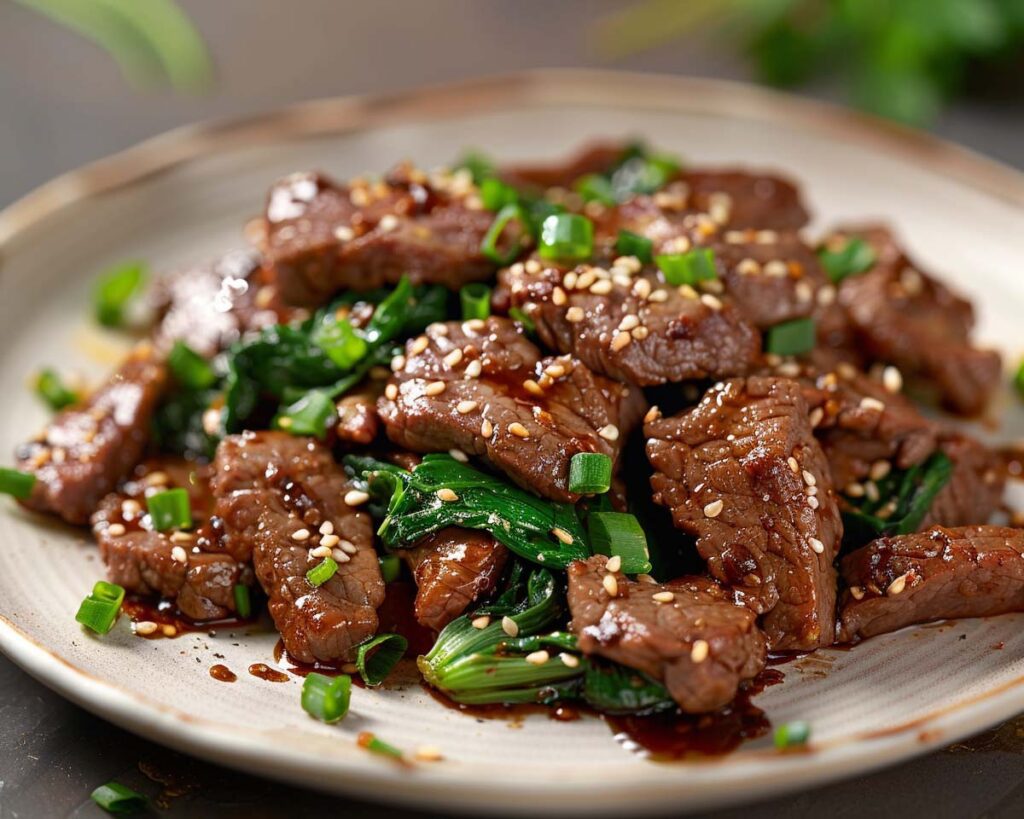 High Protein Rezept zum Abnehmen RINDFLEISCHSTREIFEN MIT PAK CHOI UND SESAM auf einem Teller serviert.