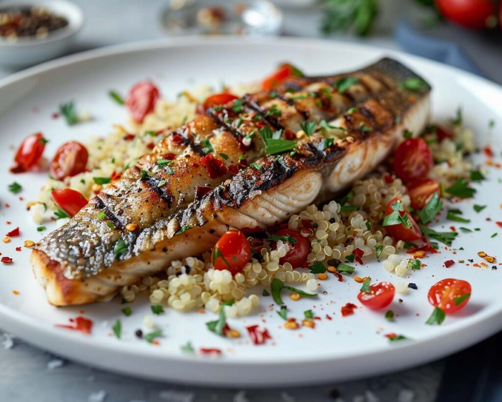 High Protein Rezept zum Abnehmen MAKRELE MIT QUINOA UND GEMÜSE auf einem Teller serviert.