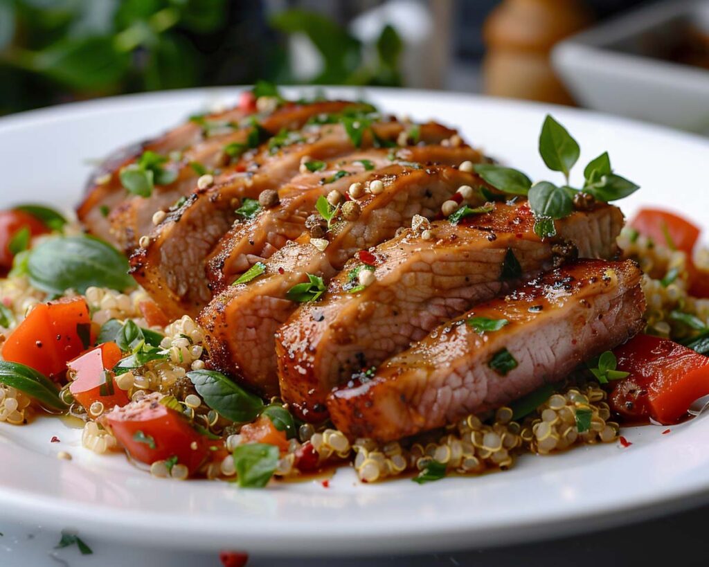 High Protein Rezept zum Abnehmen SCHWEINEFLEISCH MIT QUINOA UND GEMÜSE auf einem Teller serviert.
