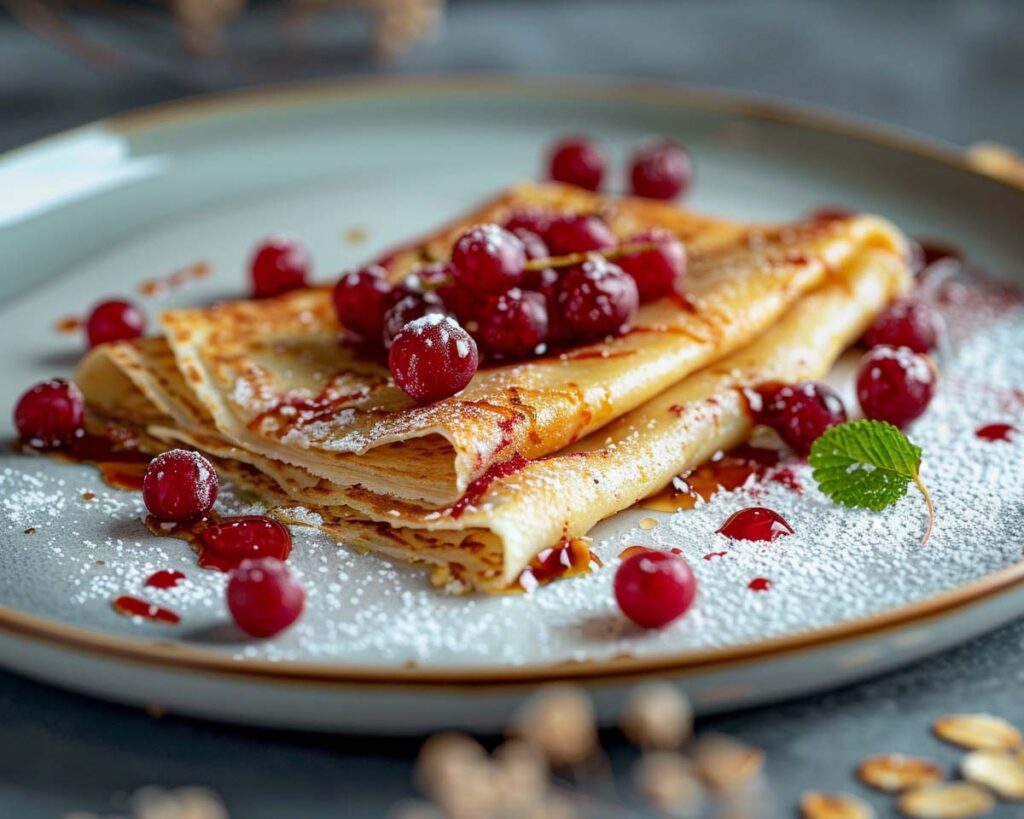 High Protein Rezept zum Abnehmen PROTEIN-PFANNKUCHEN MIT HAFERFLOCKEN UND QUARK auf einem Teller serviert.