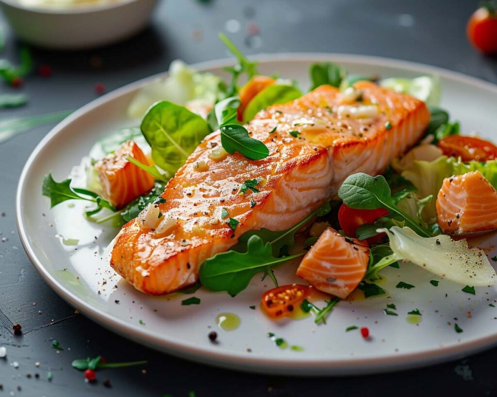 High Protein Rezept zum Abnehmen LACHS-CAESAR-SALAT auf einem Teller serviert.