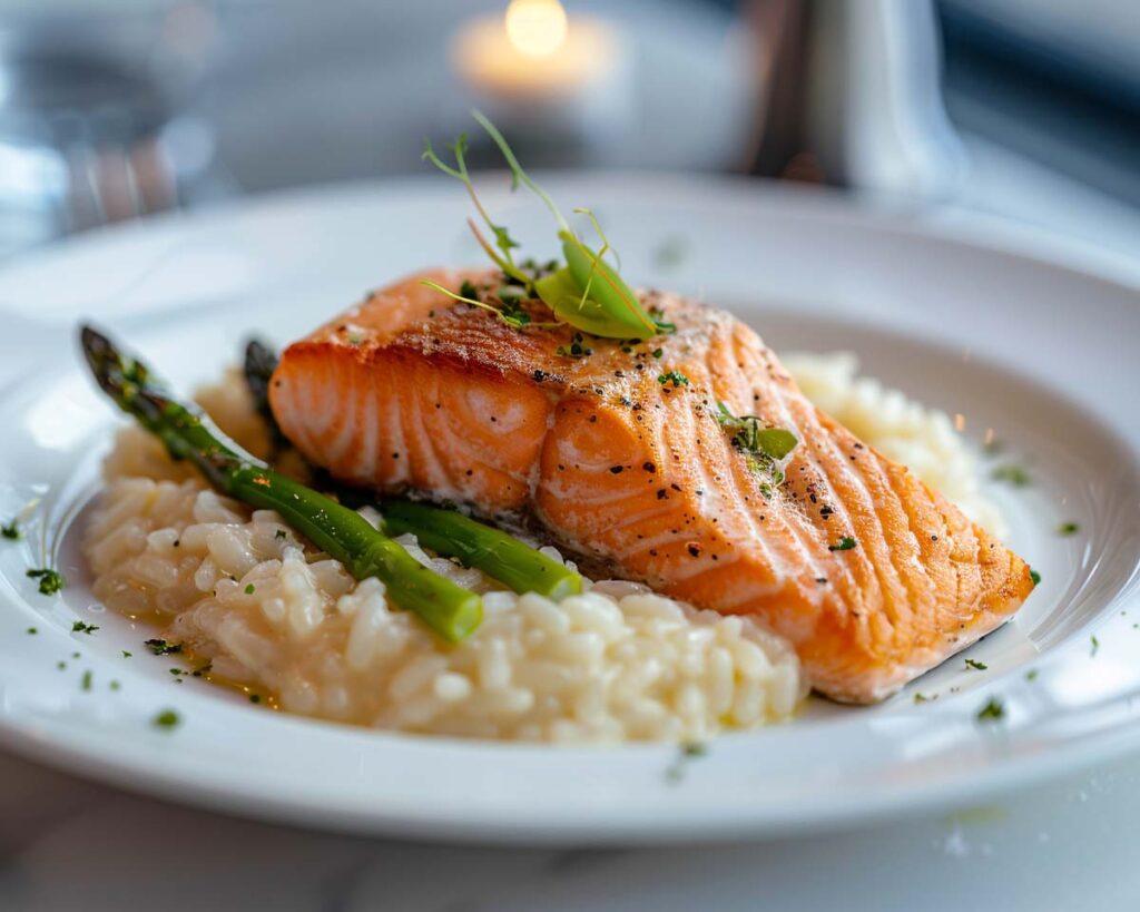 High Protein Rezept zum Abnehmen LACHS-RISOTTO MIT GRÜNEM SPARGEL auf einem Teller serviert.