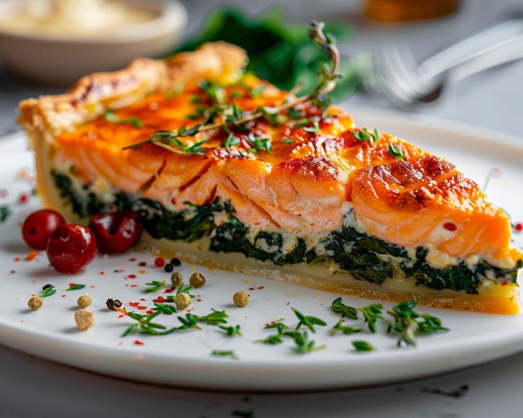 High Protein Rezept zum Abnehmen LACHS-SPINAT-QUICHE auf einem Teller serviert.