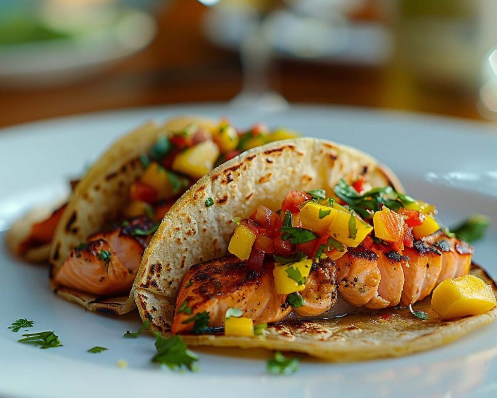 High Protein Rezept zum Abnehmen LACHS-TACOS MIT MANGO-SALSA auf einem Teller serviert.