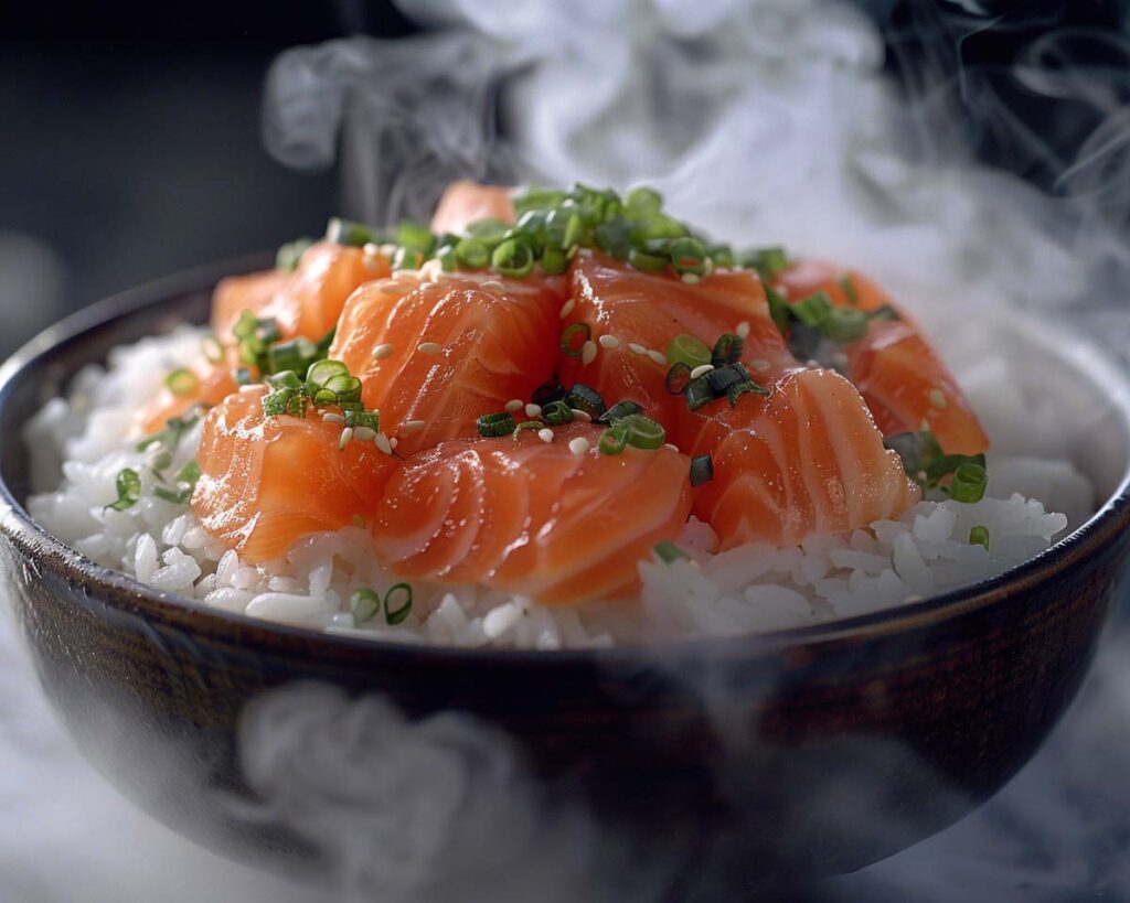 High Protein Rezept zum Abnehmen LACHS-REIS-BOWL auf einem Teller serviert.