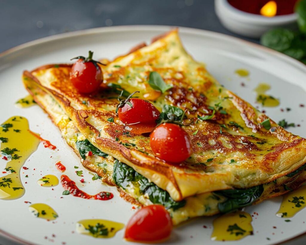 High Protein Rezept zum Abnehmen SPINATPFANNKUCHEN MIT COTTAGE CHEESE auf einem Teller serviert.
