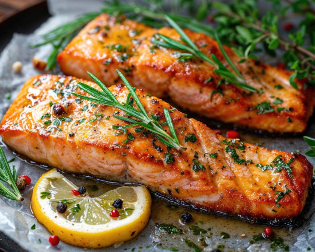 High Protein Rezept zum Abnehmen GEBACKENER LACHS MIT KNOBLAUCH-ZITRONEN-BUTTER auf einem Teller serviert.