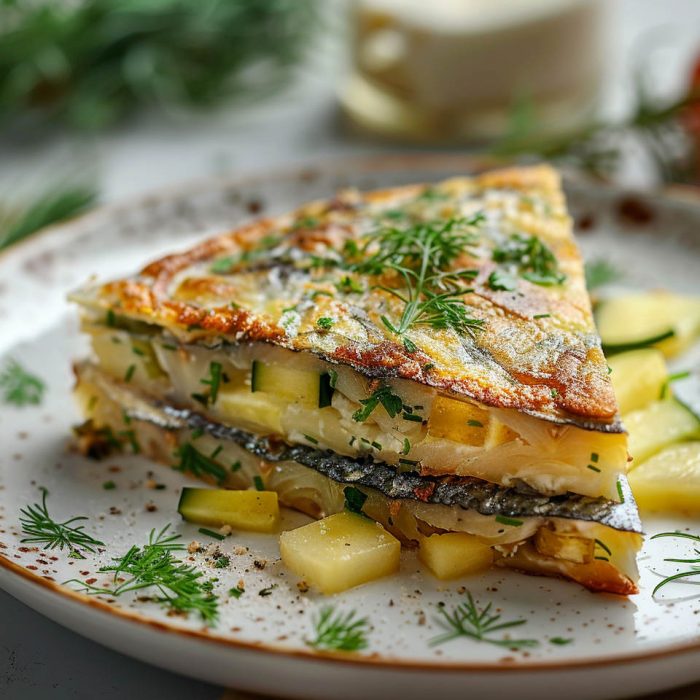 High Protein Rezept zum Abnehmen SARDINEN-FRITTATA MIT ZUCCHINI UND KRÄUTERN auf einem Teller serviert.