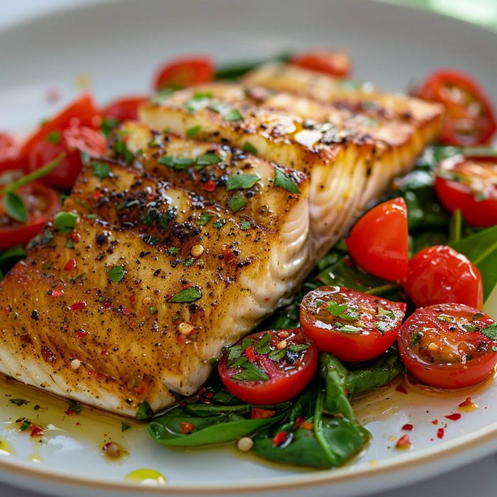 High Protein Rezept zum Abnehmen MAKRELENFILET AUF SPINAT UND TOMATENSALAT auf einem Teller serviert.