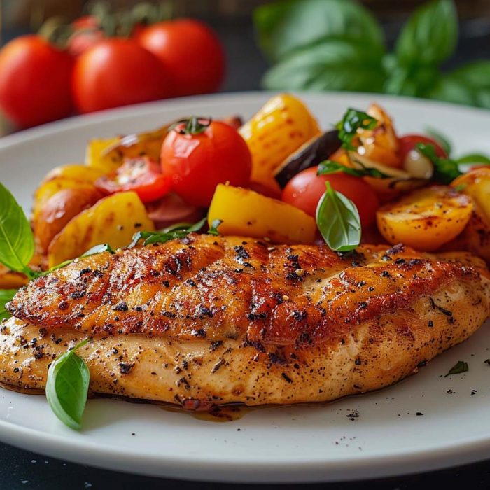 High Protein Rezept zum Abnehmen GEBRATENE HÄHNCHENBRUST MIT MEDITERRANEM GEMÜSE auf einem Teller serviert.