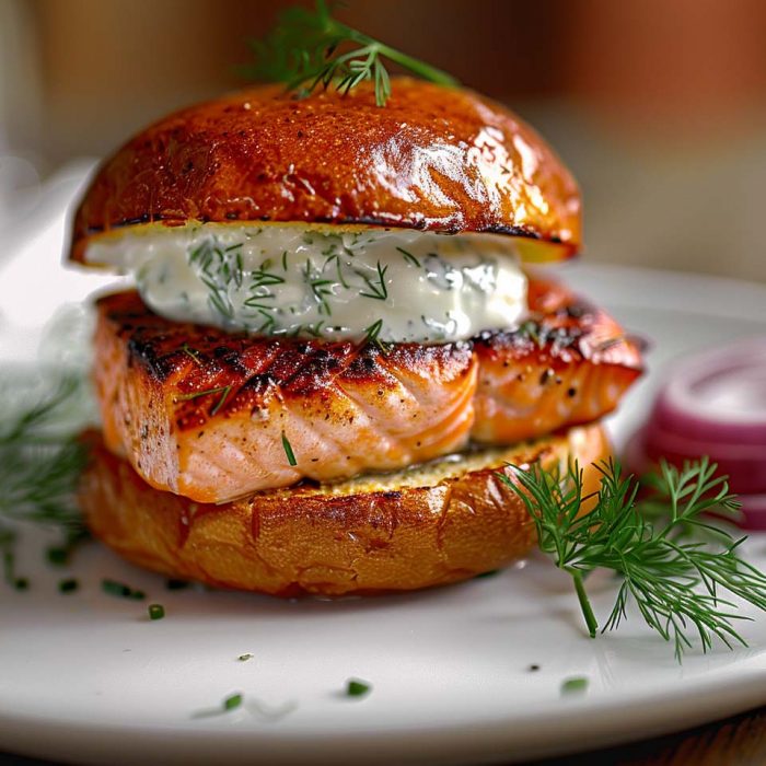 High Protein Rezept zum Abnehmen LACHS-BURGER MIT DILL-JOGHURT-SAUCE auf einem Teller serviert.