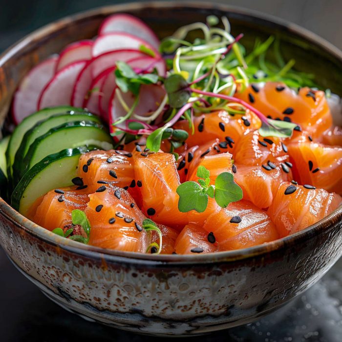 High Protein Rezept zum Abnehmen LACHS-POKE-BOWL auf einem Teller serviert.