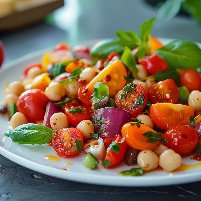 High Protein Rezept zum Abnehmen LUPINEN-SALAT MIT GEMÜSE auf einem Teller serviert.