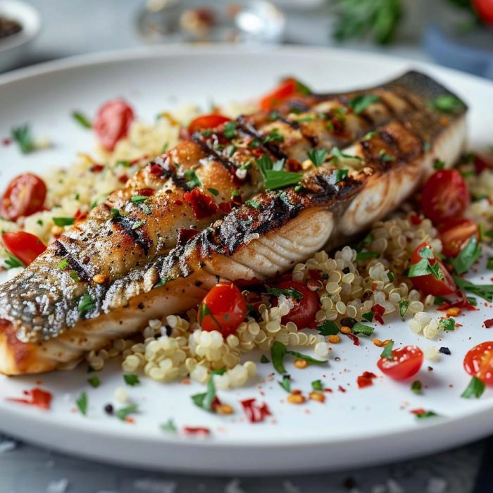 High Protein Rezept zum Abnehmen MAKRELE MIT QUINOA UND GEMÜSE auf einem Teller serviert.