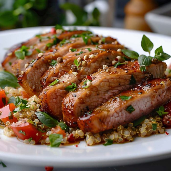 High Protein Rezept zum Abnehmen SCHWEINEFLEISCH MIT QUINOA UND GEMÜSE auf einem Teller serviert.