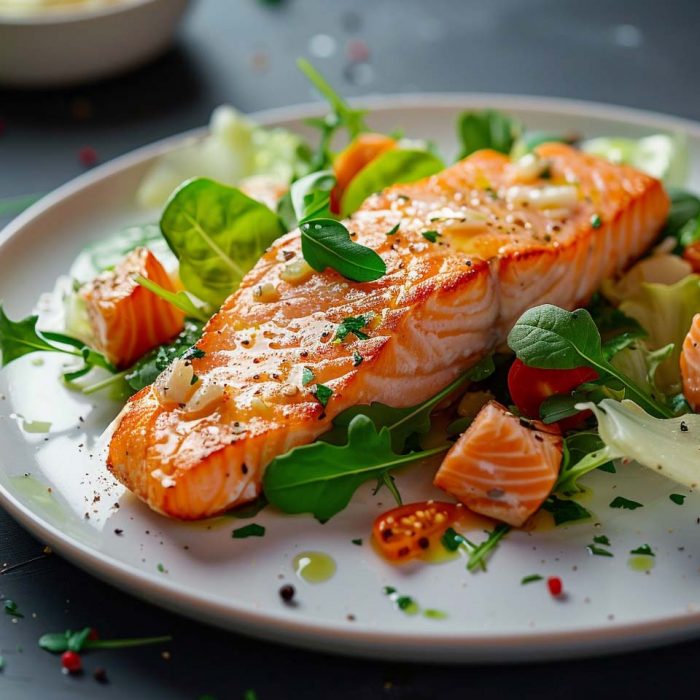 High Protein Rezept zum Abnehmen LACHS-CAESAR-SALAT auf einem Teller serviert.