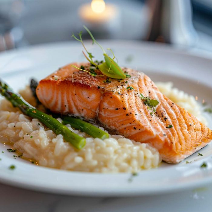 High Protein Rezept zum Abnehmen LACHS-RISOTTO MIT GRÜNEM SPARGEL auf einem Teller serviert.