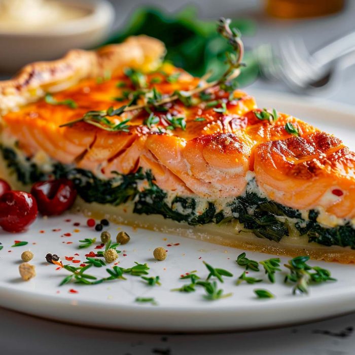 High Protein Rezept zum Abnehmen LACHS-SPINAT-QUICHE auf einem Teller serviert.