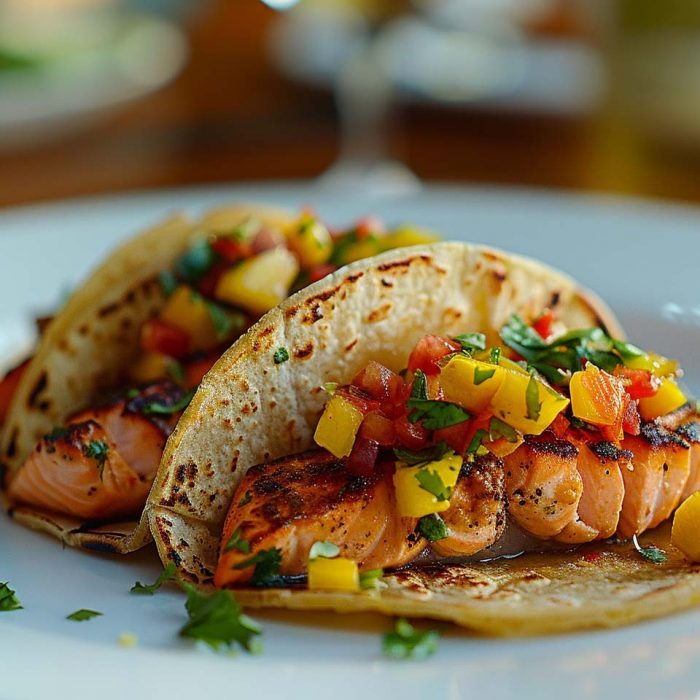 High Protein Rezept zum Abnehmen LACHS-TACOS MIT MANGO-SALSA auf einem Teller serviert.