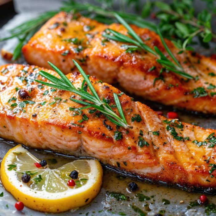 High Protein Rezept zum Abnehmen GEBACKENER LACHS MIT KNOBLAUCH-ZITRONEN-BUTTER auf einem Teller serviert.